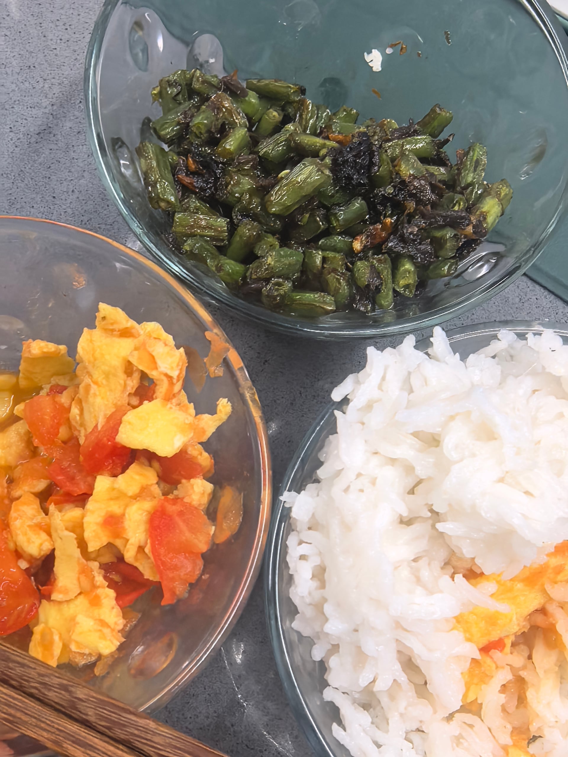Home cooking — Tomato egg, green beans, and rice