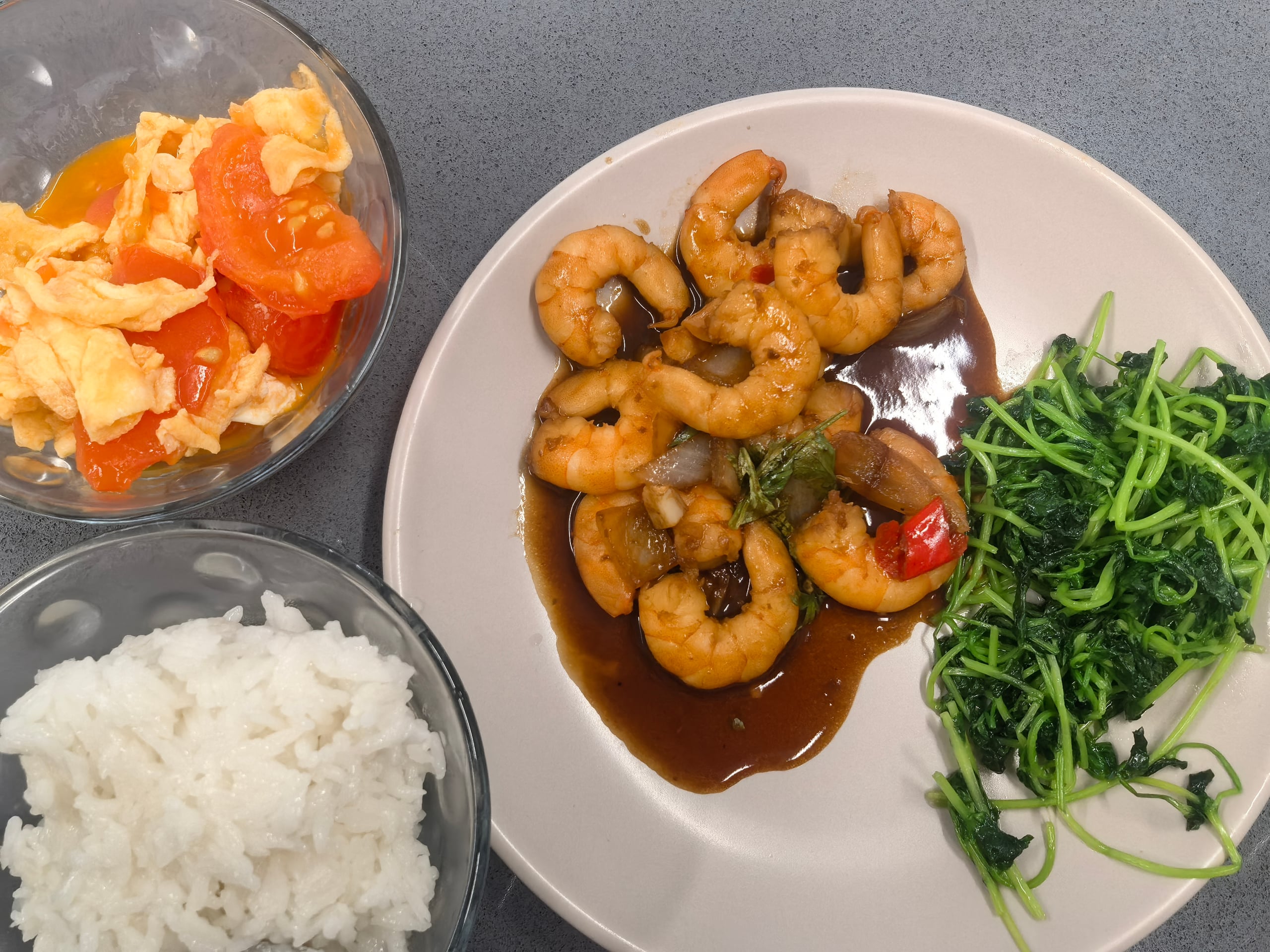 Home cooking — Shrimp, greens, and tomato egg